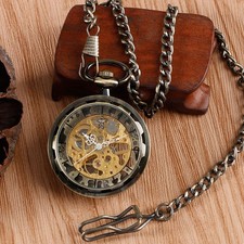 Vintage Men's Skeleton Mechanical Hand-Wind Pocket Watch Pendant Chain Gift