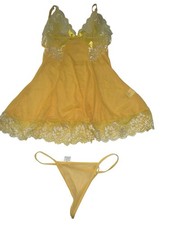 Womens Slip Dress Medium Yellow Babydoll Coquette Sheer Lace With G String New