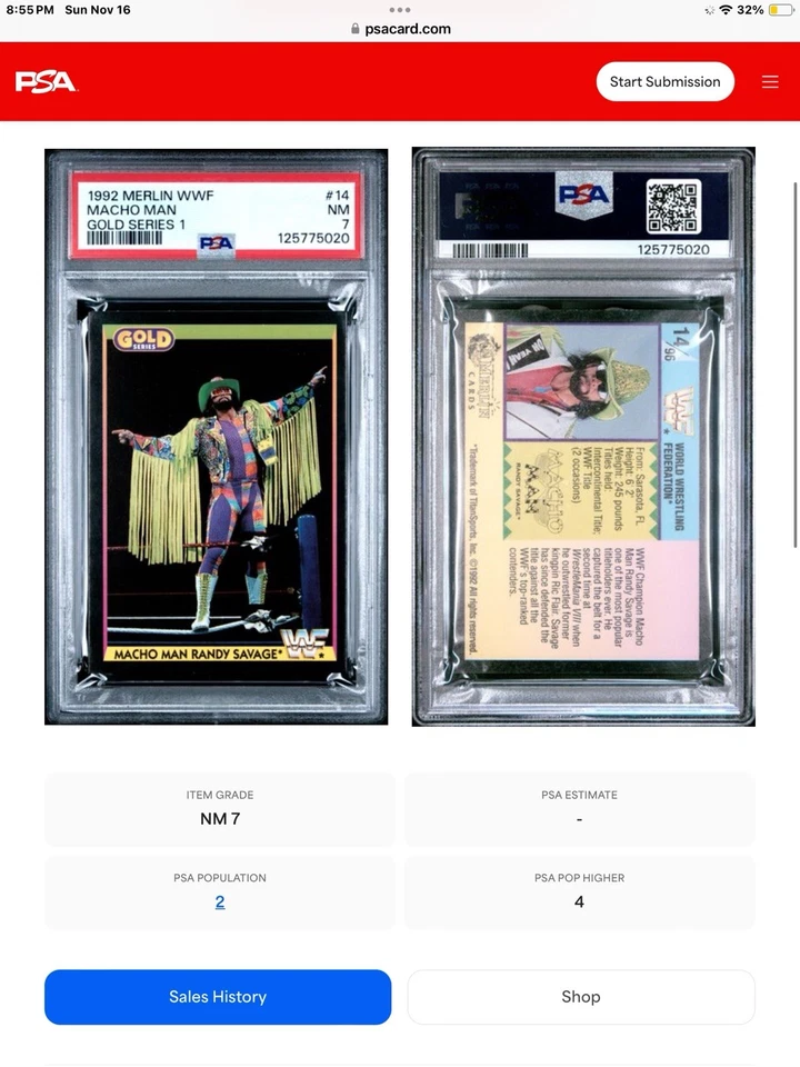 1992 merlin wwf #14 macho man randy savage; wwe gold series PSA 7 (POP 2, 4^) - Image 3 of 3