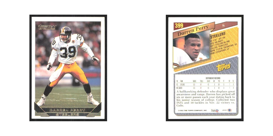 1993 Topps Gold Darren Perry Steelers #399 - Image 3 of 3