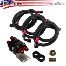 Oil Filter Relocation Sandwich Adapter+Steel/Nylon Braided AN10 Hose Kit Black
