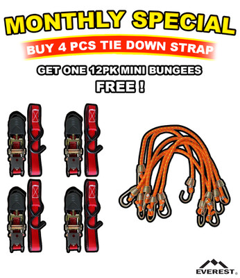 Buy 4pk 1''x10' Ratchet Tiedown Straps 400lbs WLL get 12pk 10'' mini bungees free