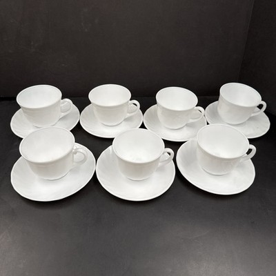 Set of 7 Luminarc ARC France 4oz. (120ml) Demitasse Cups Saucers White Ripple