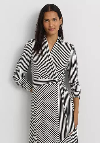 NEW Lauren Ralph Lauren Striped Surplice Crepe Midi Dress