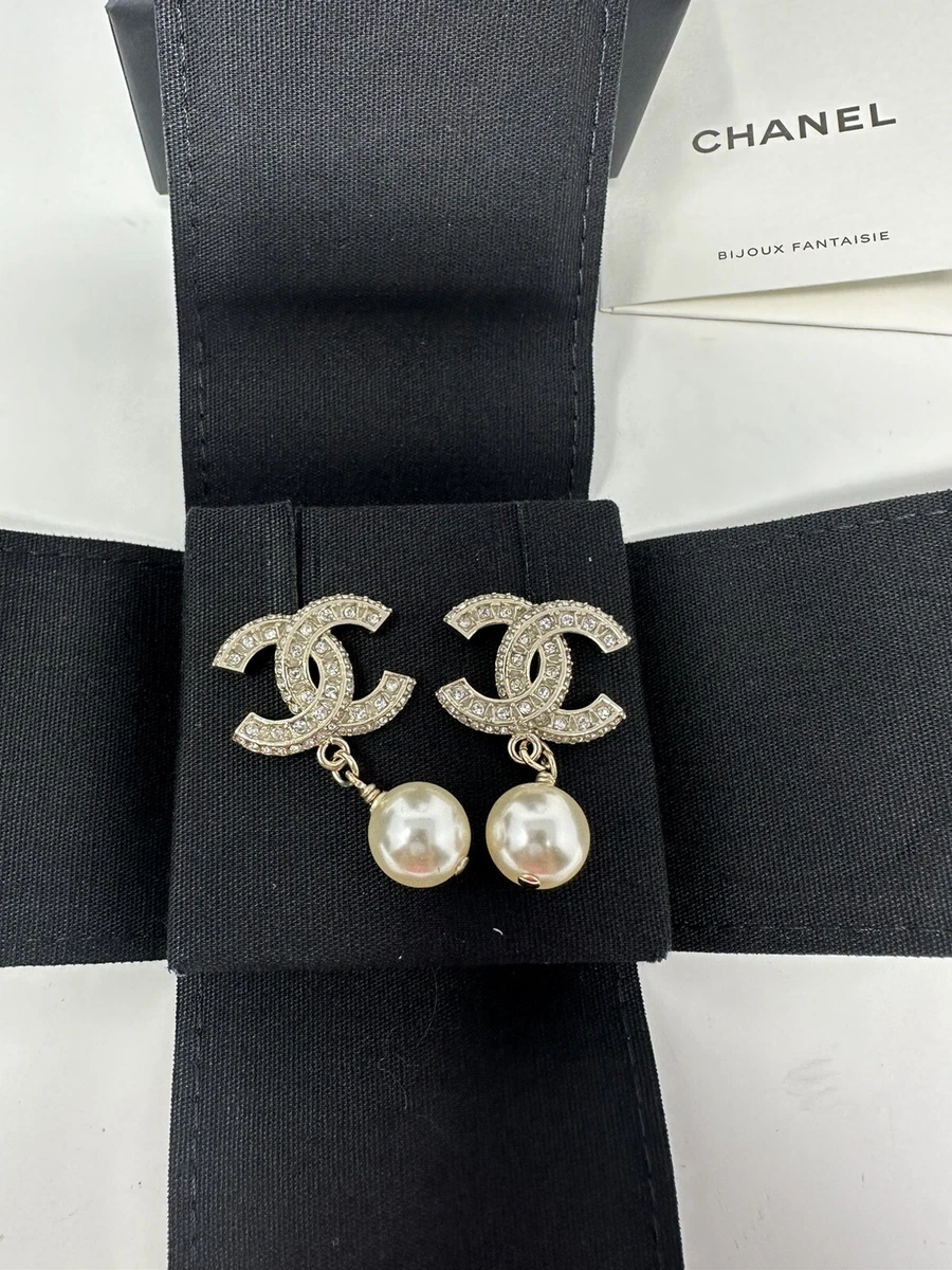 NWT 2023 A23 Chanel Strass CC Logo Gold Crystal Stud Pearl Drop Earrings  Large