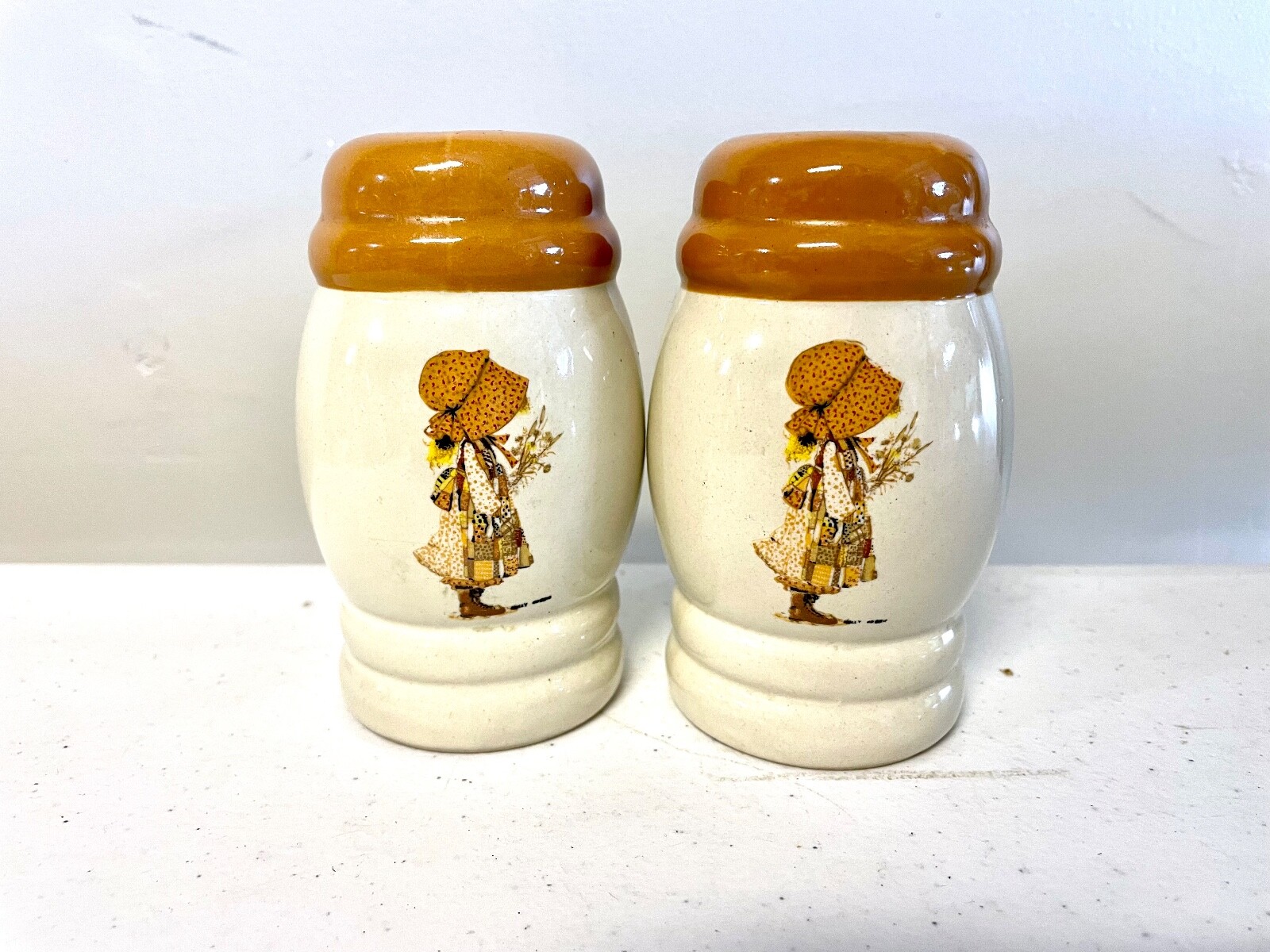 Vintage Holly Hobbie Salt & Pepper Shaker Set Country Living in Yellow and Brown