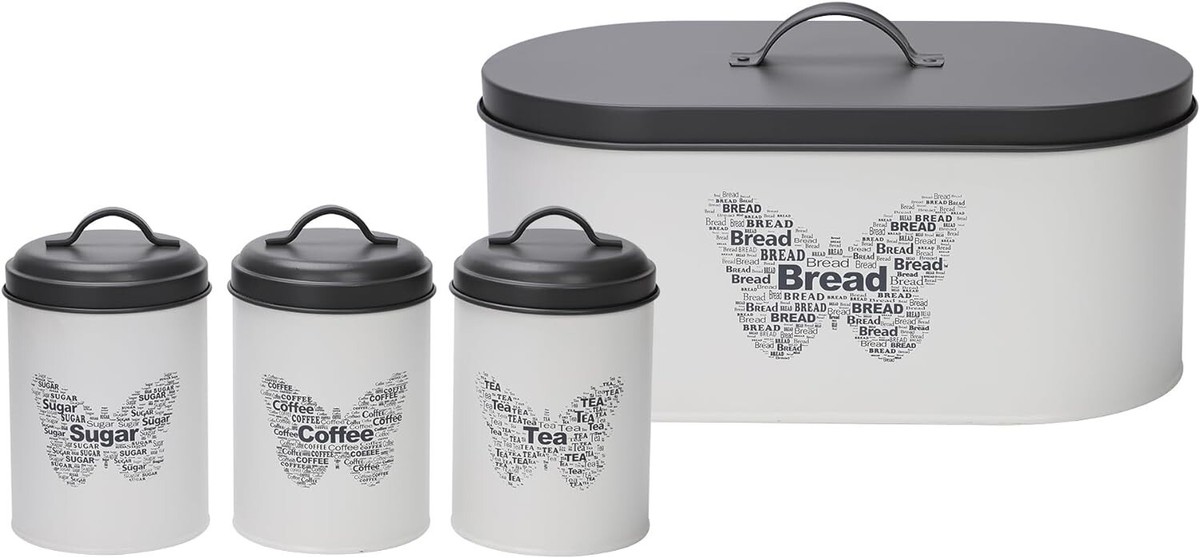 4Pc White Grey Bread Bin Tea Coffee Sugar Canister Kitchen Storage Set  Buterfly