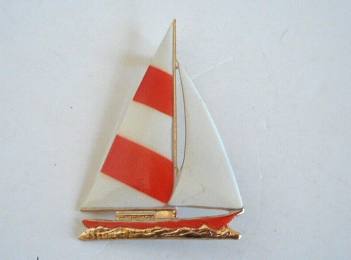 Vintage Orange and White Color Enamel Sailboat Brooch Pin w/Gold Tone Metal - Picture 1 of 3