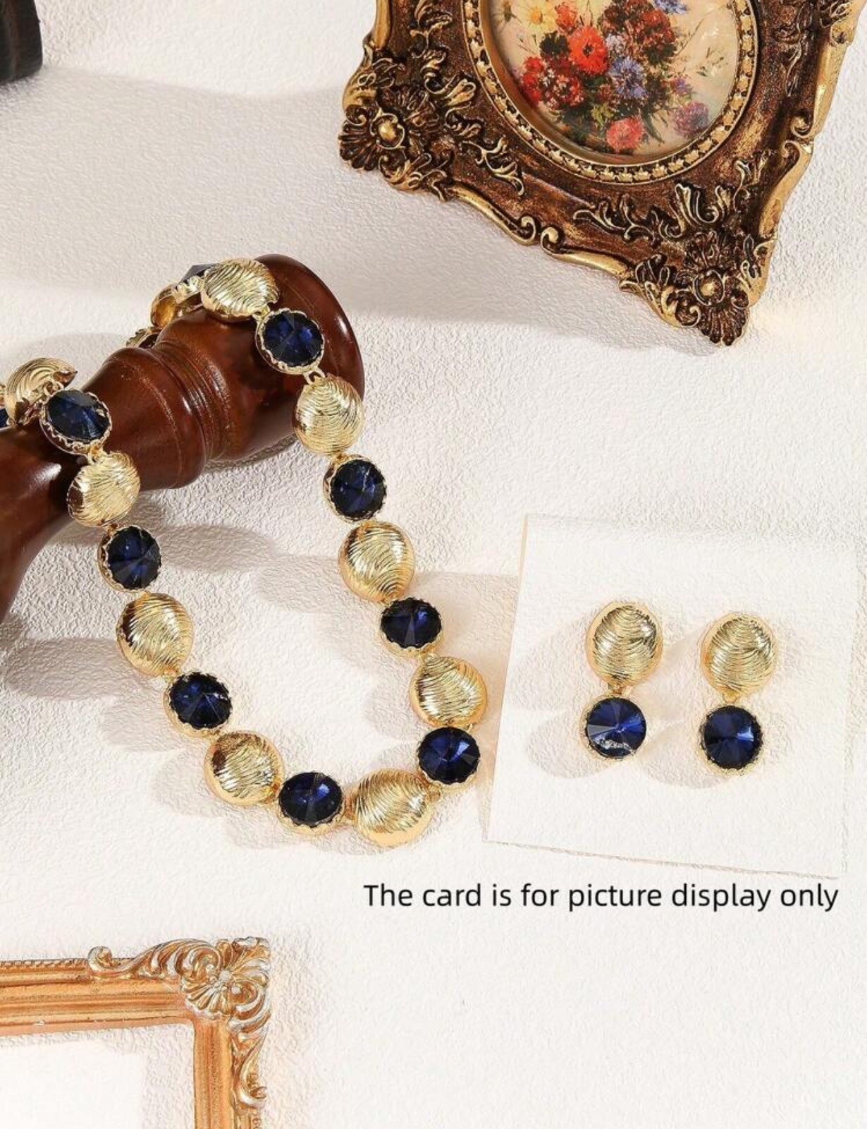 Orecchini e collana vintage modello onda rotonda cristallo blu navy set gioielli foto 3