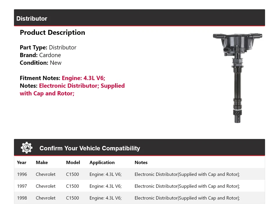 Chevrolet C1500 1996-1998 4,3 L V6 distribuidor Cardone 1997 Foto 2 de 4