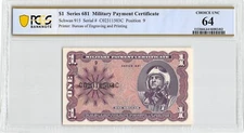 USA / MPC  $1  1968  Series  681  Plate # 9  PCGS 64  Uncirculated Banknote