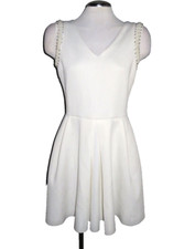 AQUA ~  Ivory Scuba Pearl Embellished V-Neck Fit & Flare Party Dress L NEW $118