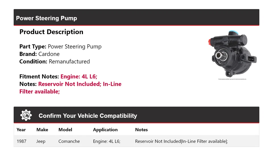 Bomba de dirección asistida Cardone para Jeep Comanche 1987 4L L6 Foto 2 de 4