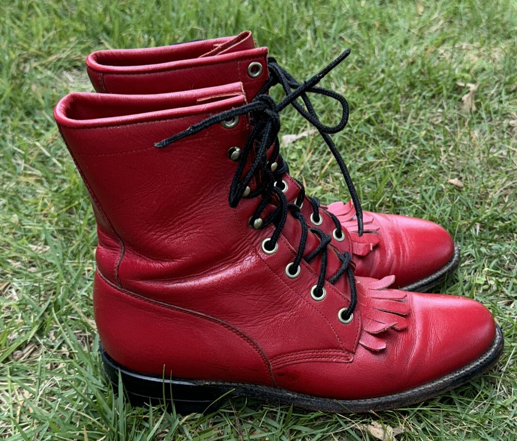 Vintage Justins Red Leather Lace up Boots With Fringe Size