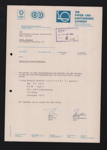 SCHWEDT, Brief 1983, VEB Papier-Kartonwerke Schwedt VEB Kombinat Zellstoff Papie