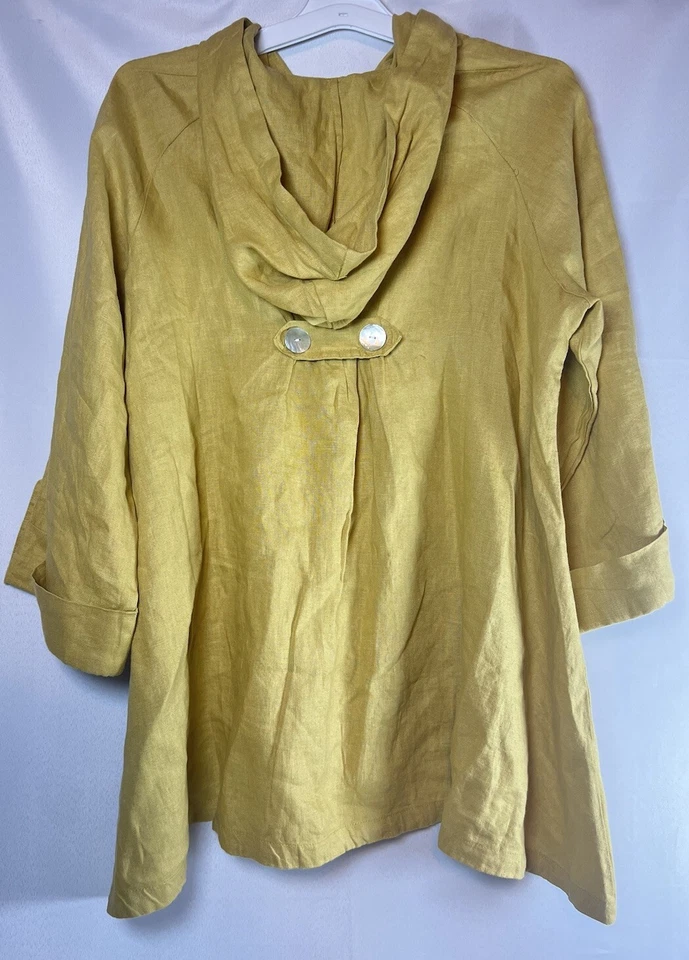 Sigrid Olsen Jacket Size Large Yellow 100% Linen Hooded Pearl Buttons Lagenlook - Image 2 of 4