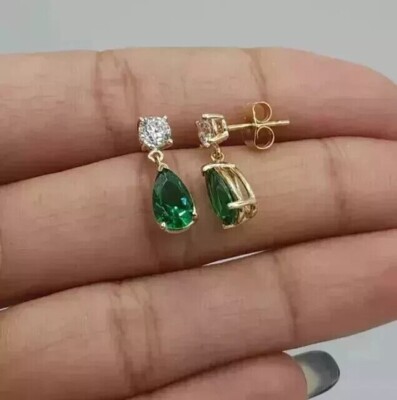 2Ct Pear Cut Simulated Emerald Drop Dangle Earrings 14k Yellow Gold Plated