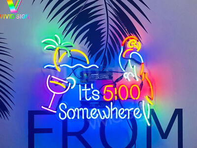 It's 5:00 Somewhere Parrot Palm Tree Acrylic 20''x16'' Neon Sign Light Lamp Cip