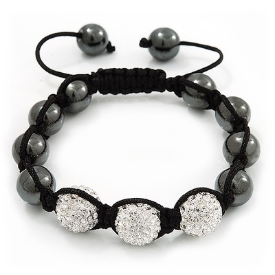 Armband mit Hämatit & klaren Kristallperlen - verstellbar - 11 mm Durchmesser