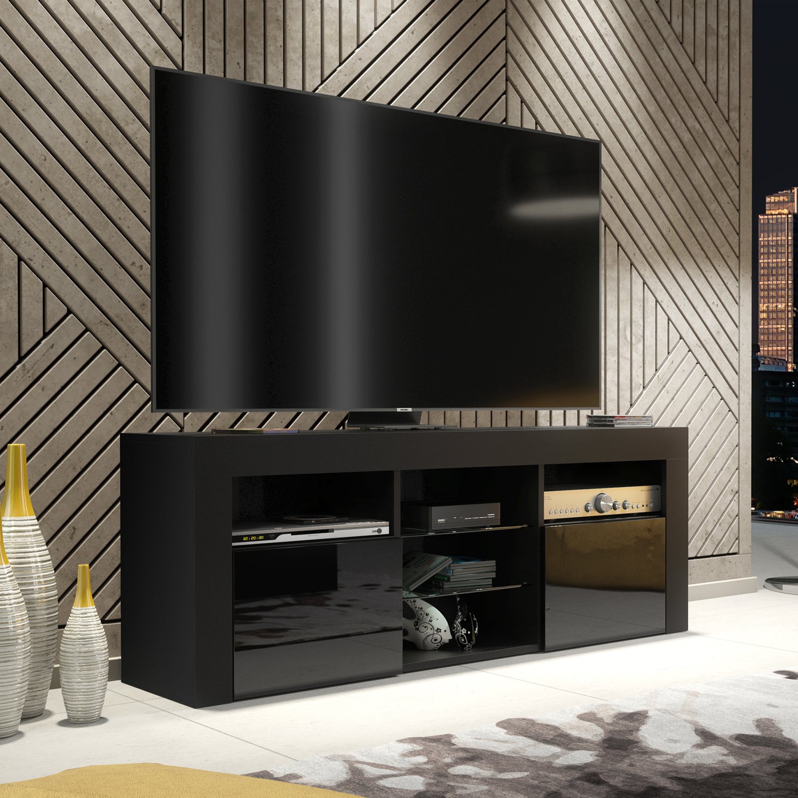 TV Stand 145cm Matt Black Body Gloss Black Doors LUNARO