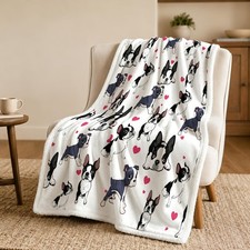 BlessLiving Boston Terrier White Throw Blanket with Dense Dog Patterns Sherpa...