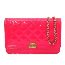 Chanel Boy Chain Wallet Patent Leather Women Pink One Size