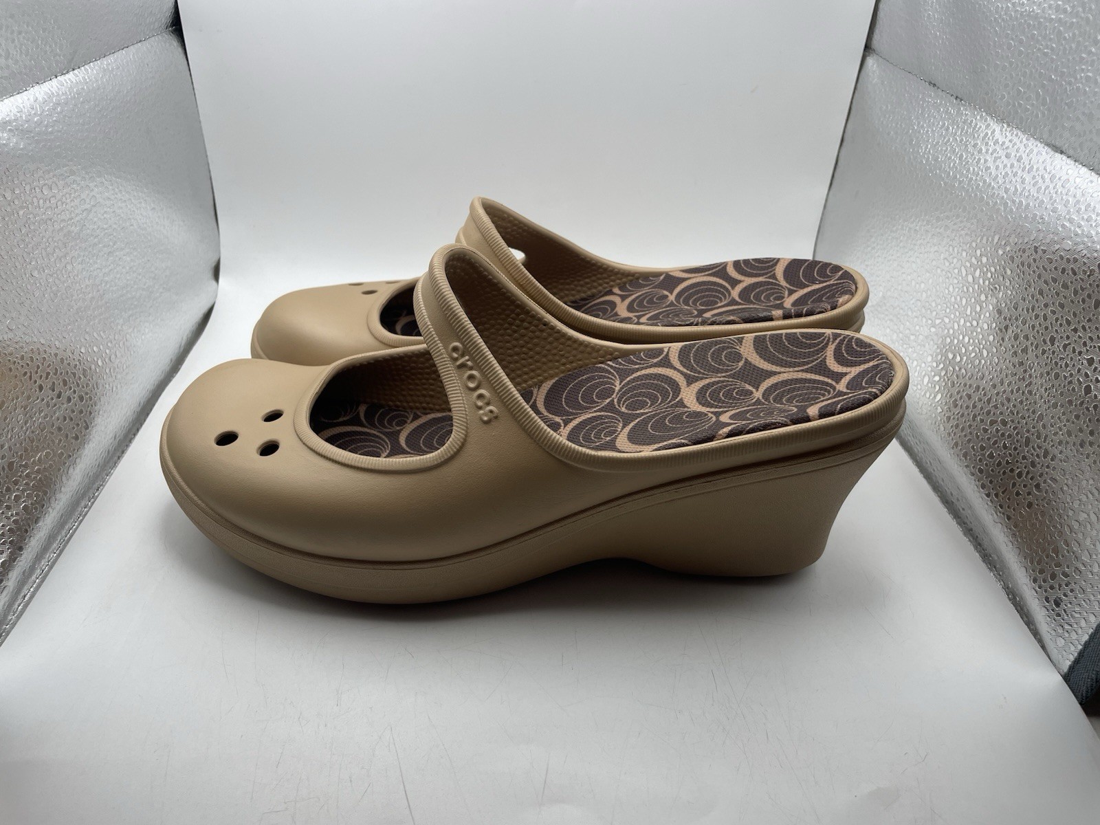 PANTOFOLA D’ORO Scarpe Crocs Frances Mary Jane Zeppa Mule Slip On Beige Comode Donna Taglia 10
