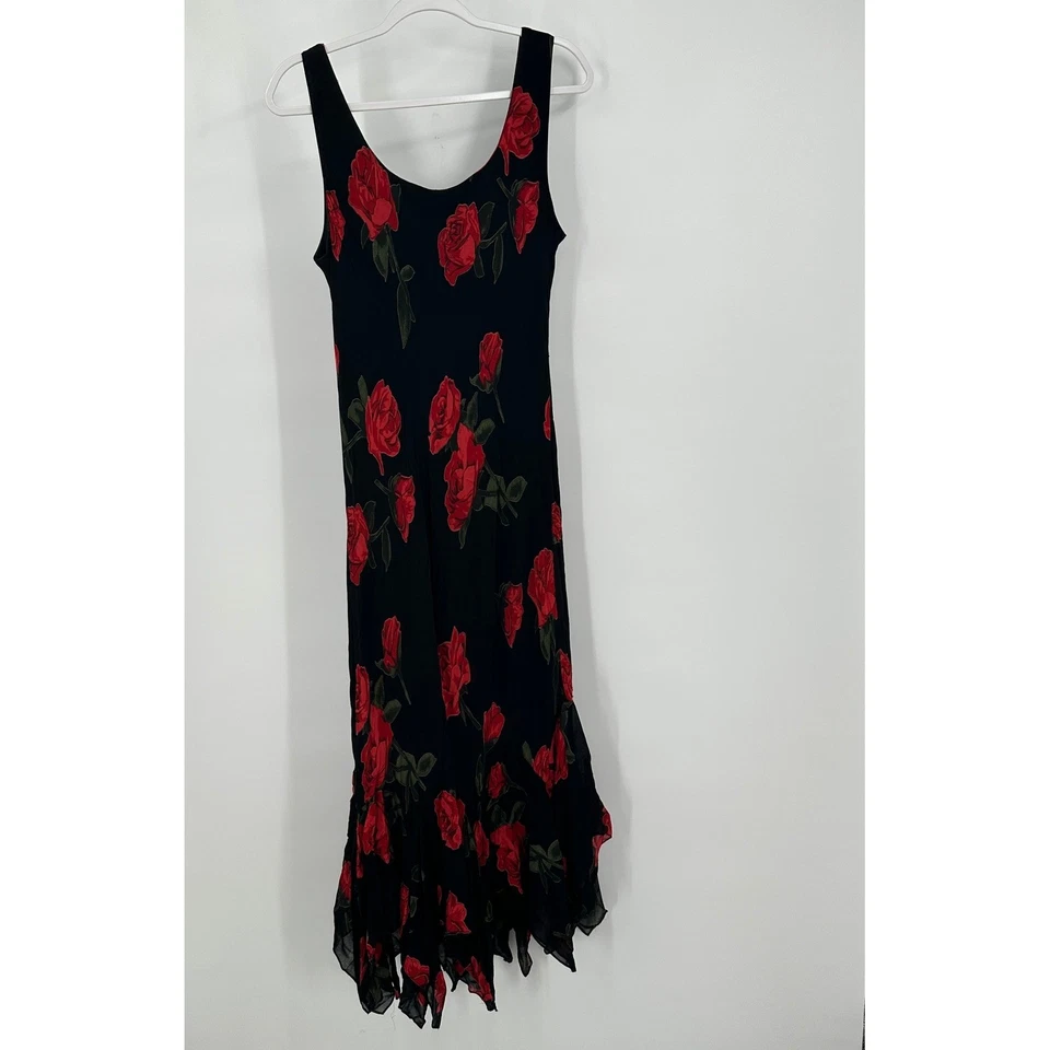 Eva Blue Womens Romantic Rose Dress Size 14 Black Red Beaded Ruffle Hem Evening - Image 3 of 4