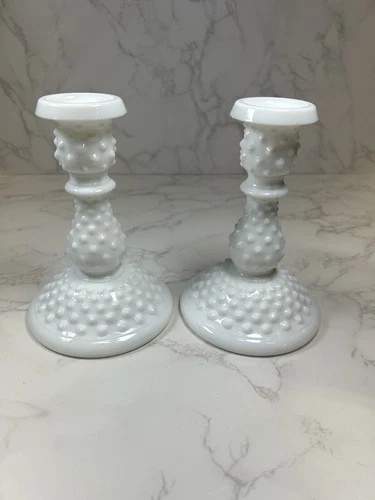 Vintage Set 2 Fenton Hobnail 6” Candlesticks White Milk Glass Candle Holders 70s