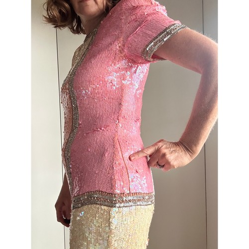 Abito da cocktail vintage anni 80 seta paillettes rosa vestibilità media lunghezza ginocchio scintillante - Foto 10 di 14