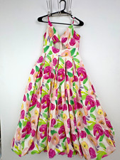Hutch SZ S Floral Cutout Tea Midi Dress Small Pink Green Cotton Fit Flare Lined