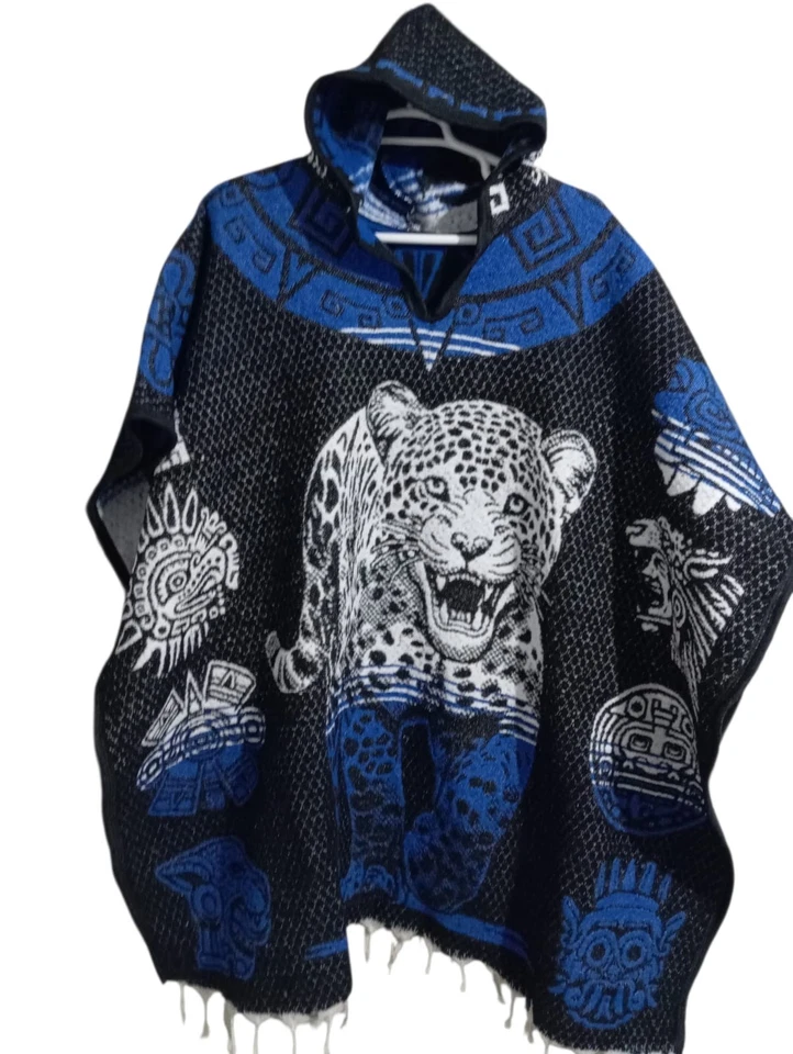 Auténtico Poncho Mexicano Hecho a Mano Gaban con Capucha. Jaguar y guerrero azteca Foto 3 de 4
