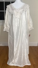Vintage Vanity Fair Ivory Satin Nightgown, Button, Bow, Ruffles NWT Large