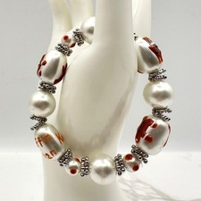 Vintage White Satin Pearl Bead Stretch Bracelet Orange Elephant Kenya Safari Y2K