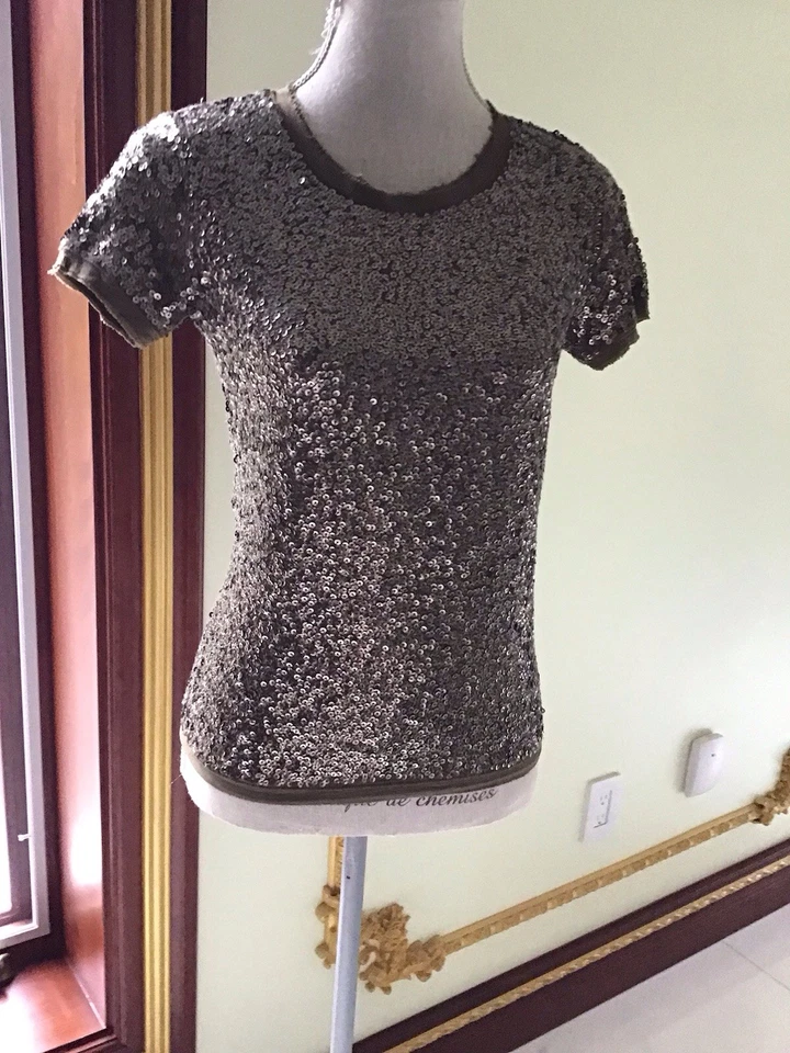 J. Top Crew Marrón Lentejuelas Adornado Algodón Seda Borde Fiesta Brillante Talla XS Foto 3 de 4