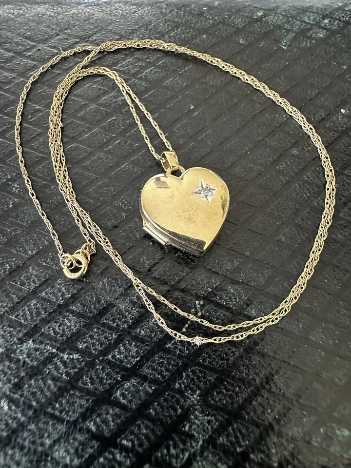 Vintage 9K Gold & Diamond Heart Locket Set - Birmingham Hallmarked - 1.9g - 20" - Изображение 3 из 4