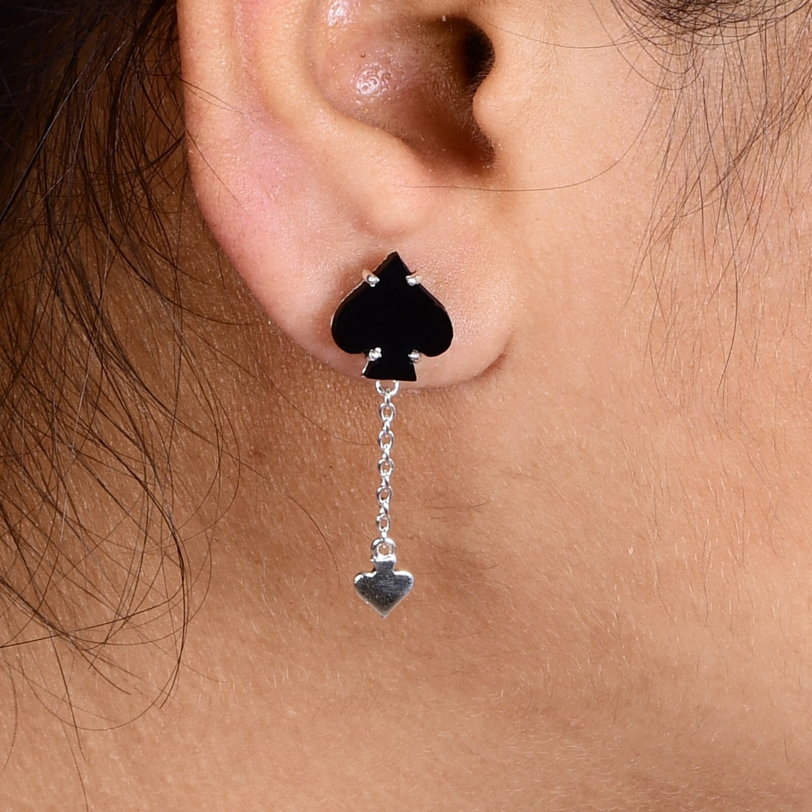 Spade Shape Sterling Silver Black Onyx Earrings - Handmade Chain Spade Charms