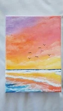 Original Acrylic Painting 5 x 7 Canvas Beach Sunset Sea Waves Water Ocean orange