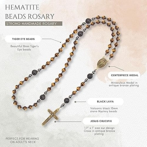 Brown Tiger Eye Rosary with Lava Beads Miraculous Medal & Cross Necklace - Picture 6 of 7