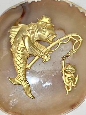 Vintage JJ Gold Tone Fishing Pole Fish Cat Brooch Articulated Estate Jewelry