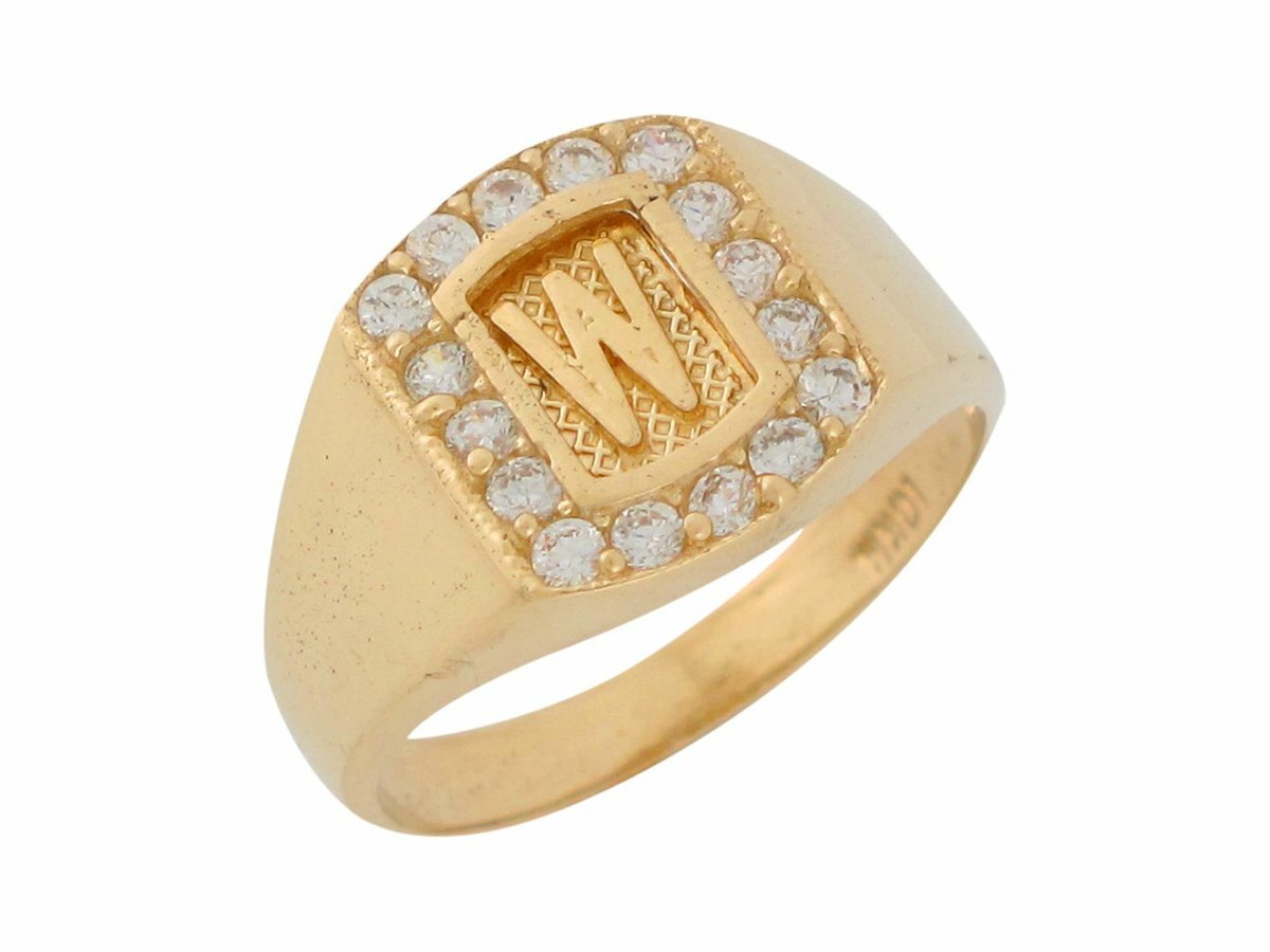 10k or 14k Yellow Gold White CZ Block Letter W Initial Mens