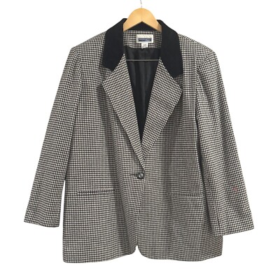 VTG! Prophecy Wool Black White Houndstooth Padded Vervet Collar Blazer Coat 16W
