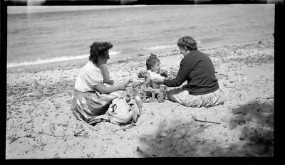 Portrait 2 Women Child Beach Beachfront 2 Antique Photo Negative Year. 1940 50