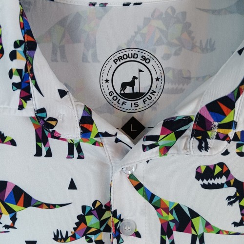 Proud 90 Golf Is Fun Mens L Polo Reptar White Multicolor Dinosaur Athletic - Picture 2 of 11