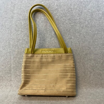 Rochas Paris Two Handle Purse Fabric & Leather 10'' Tan / Green Phone Pouch