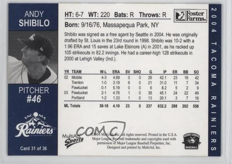 2004 MultiAd Sports Tacoma Rainiers Andy Shibilo #31 - Image 2 of 2