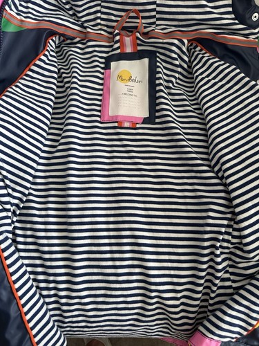 Girls Mini Boden Rain Coat Jacket Striped Liner Zip Snap Circles Navy Size 9/10 - Picture 6 of 10