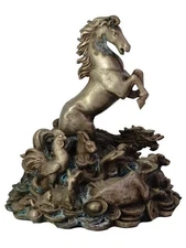 Vintage Chinese Feng Shui Zodiac Wealth & Luck Horse Bronze Silver Statue atop o