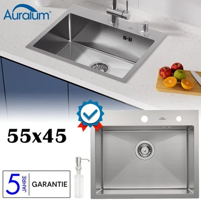 AURALUM MAX Edelstahl Edelstahlspüle Küchenspüle Spülbecken mit Seifenspender 55x45cm Spüle