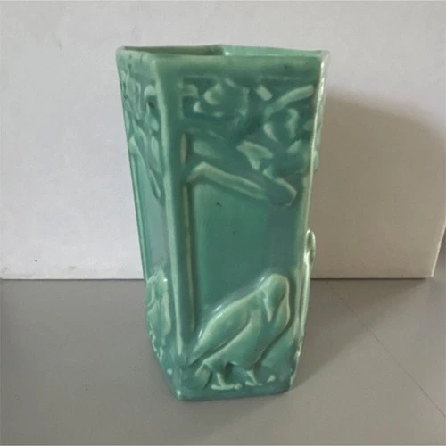 Weller 1795 Green Glossy Ceramic Art Pottery Decorative 5”  Vase with Bird Motif